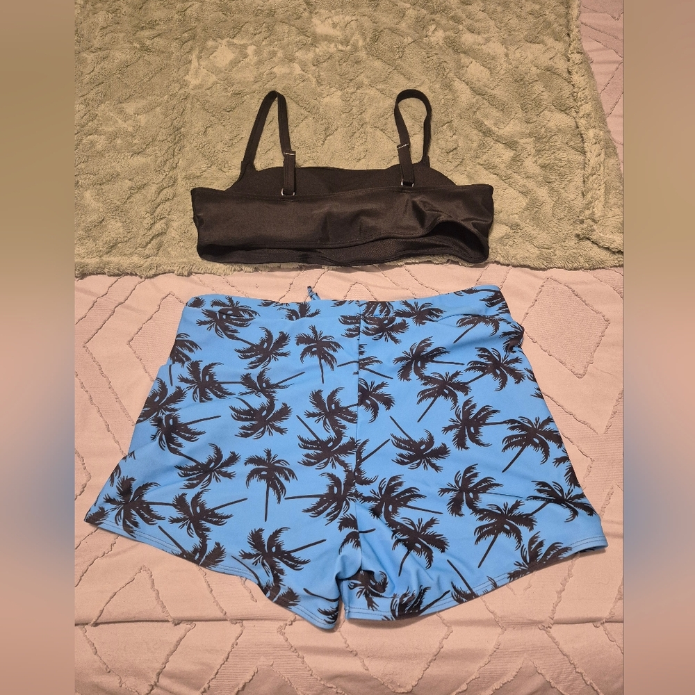 SHEIN Black and Blue Palm Bikini Set